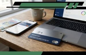 Carta prepagata con IBAN appoggiata su una scrivania insieme a uno smartphone con app bancaria aperta, banconote in euro e un laptop.